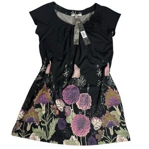 Quintessential Black Floral Shift Midi Dress. Size S NWT